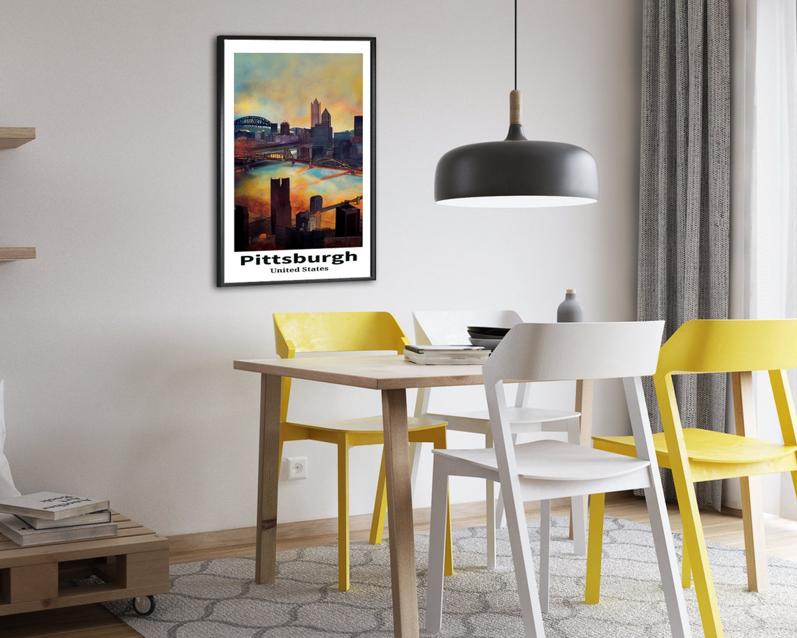 Pittsburgh Sunset Skyline Bridges Over River Vintage Travel Poster - Image 2