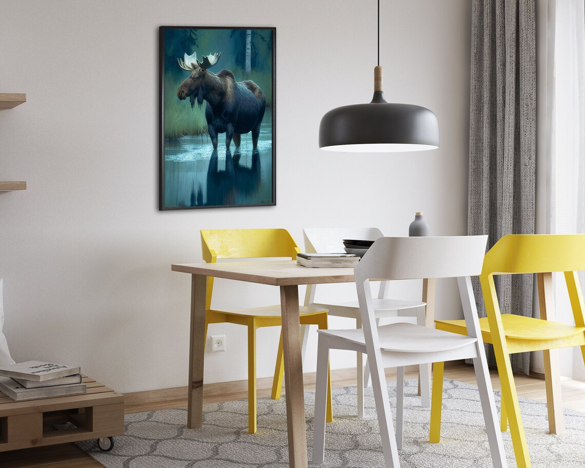 Bull Moose Wading in a Dark Lake at Night Oil Painting Poster - Image 2