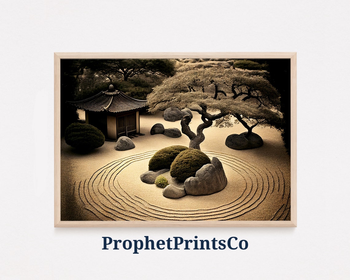 Japanese Zen Garden With Pagoda Pine Trees And Raked Sand Poster