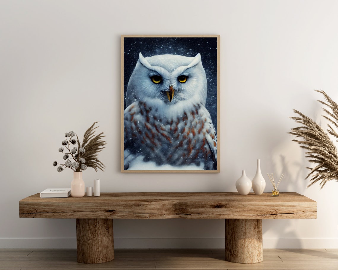 White Owl Portrait Snowfall Winter Bird Art Amber Eyes Poster - Image 3