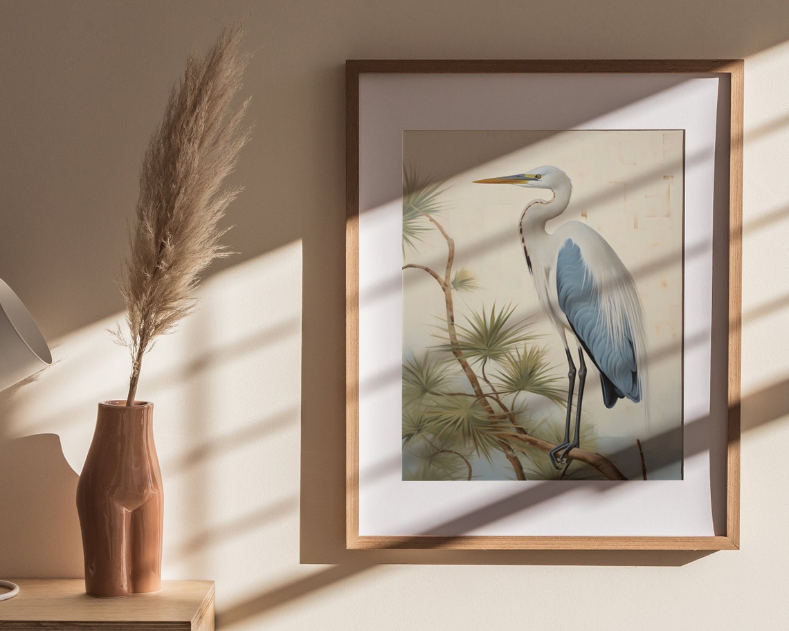 White Heron Perched On Branch Minimalist Cream Bird Art Poster - Image 4