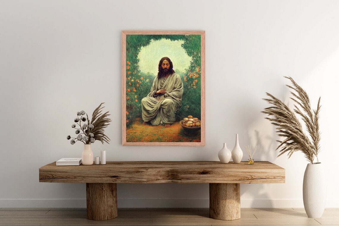 Jesus Christ Garden Flowers Peaceful Religious Oil Painting Poster - Image 2