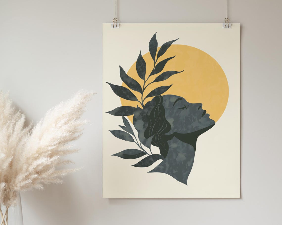 Abstract Woman Profile Leaves Silhouette Orange Sun Boho Modern Poster - Image 2