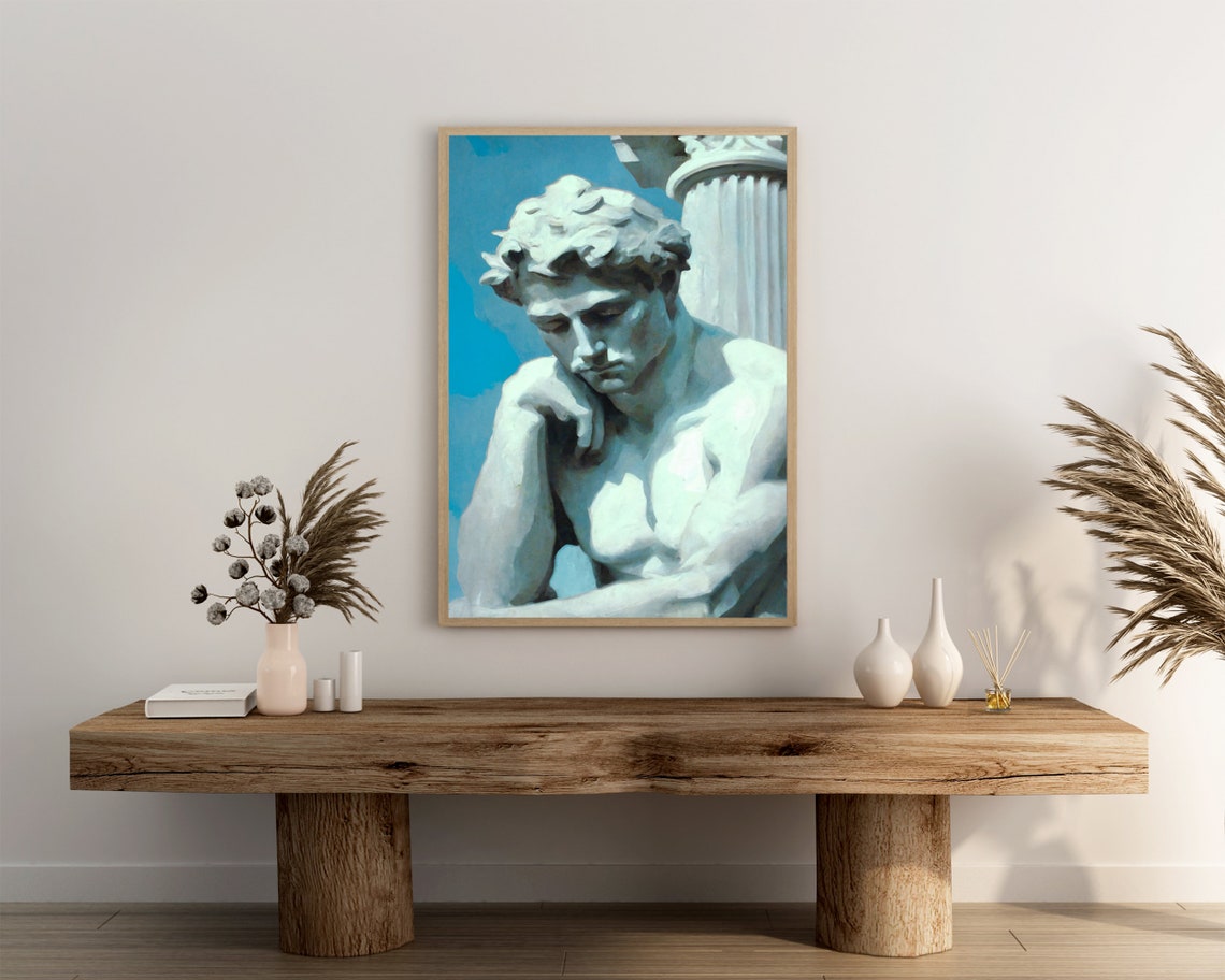 Thoughtful Greek Statue Beside a Stone Column Oil Painting Poster - Image 3
