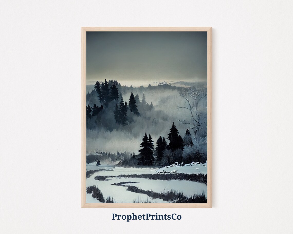 Misty Winter Forest Snowy Pines Foggy Woodland Oil Painting Art Poster