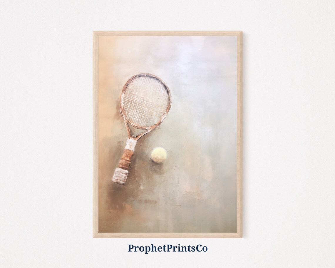 Vintage Wooden Tennis Racket Ball Soft Neutral Oil Painting Sport Poster