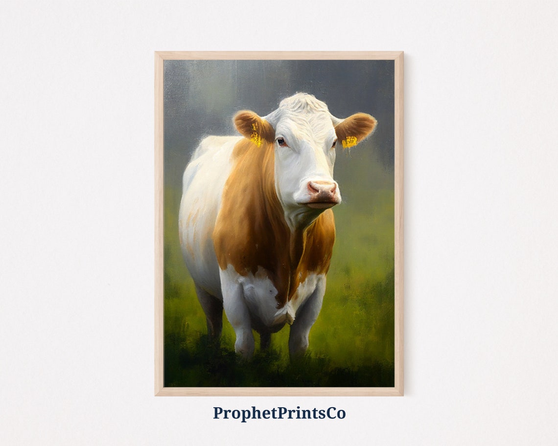 Brown and White Cow Standing in a Green Pasture Oil Painting Poster