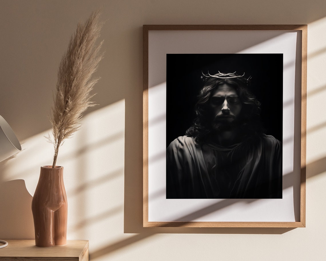 Jesus Christ Crown of Thorns Dark Dramatic Portrait Art Poster - Image 4