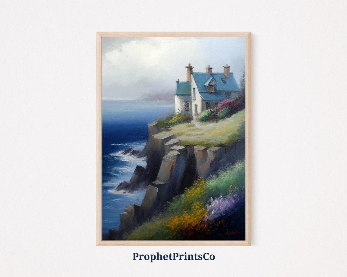 Serene White Cottage on a Cliff Edge Overlooking the Ocean Poster