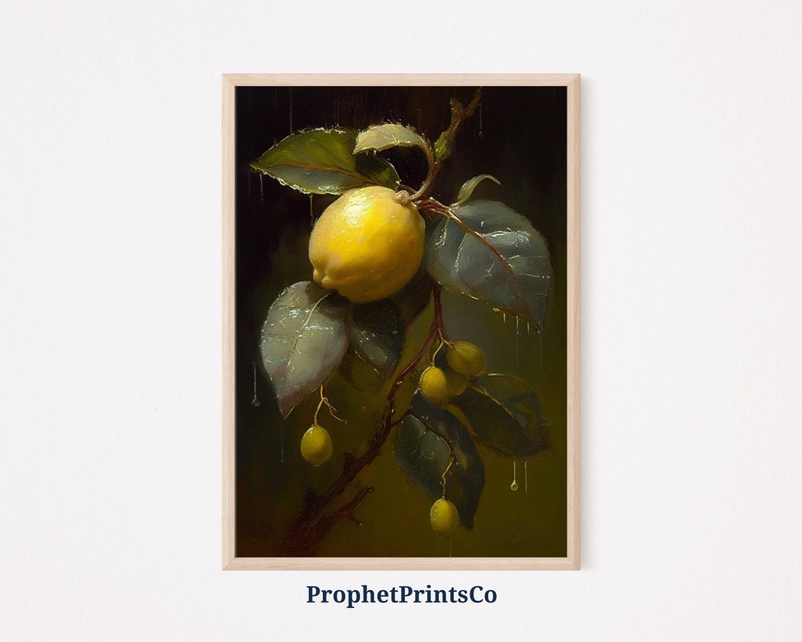 Moody Lemon Branch Oil Painting Dark Botanical Fruit Still Life Poster