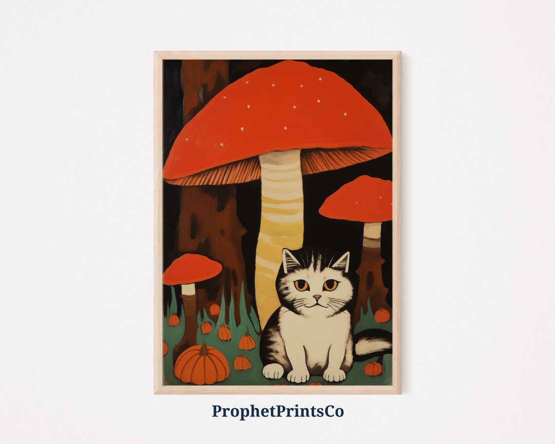 Vintage Black Cat With Red Mushrooms Pumpkin Autumn Art Poster