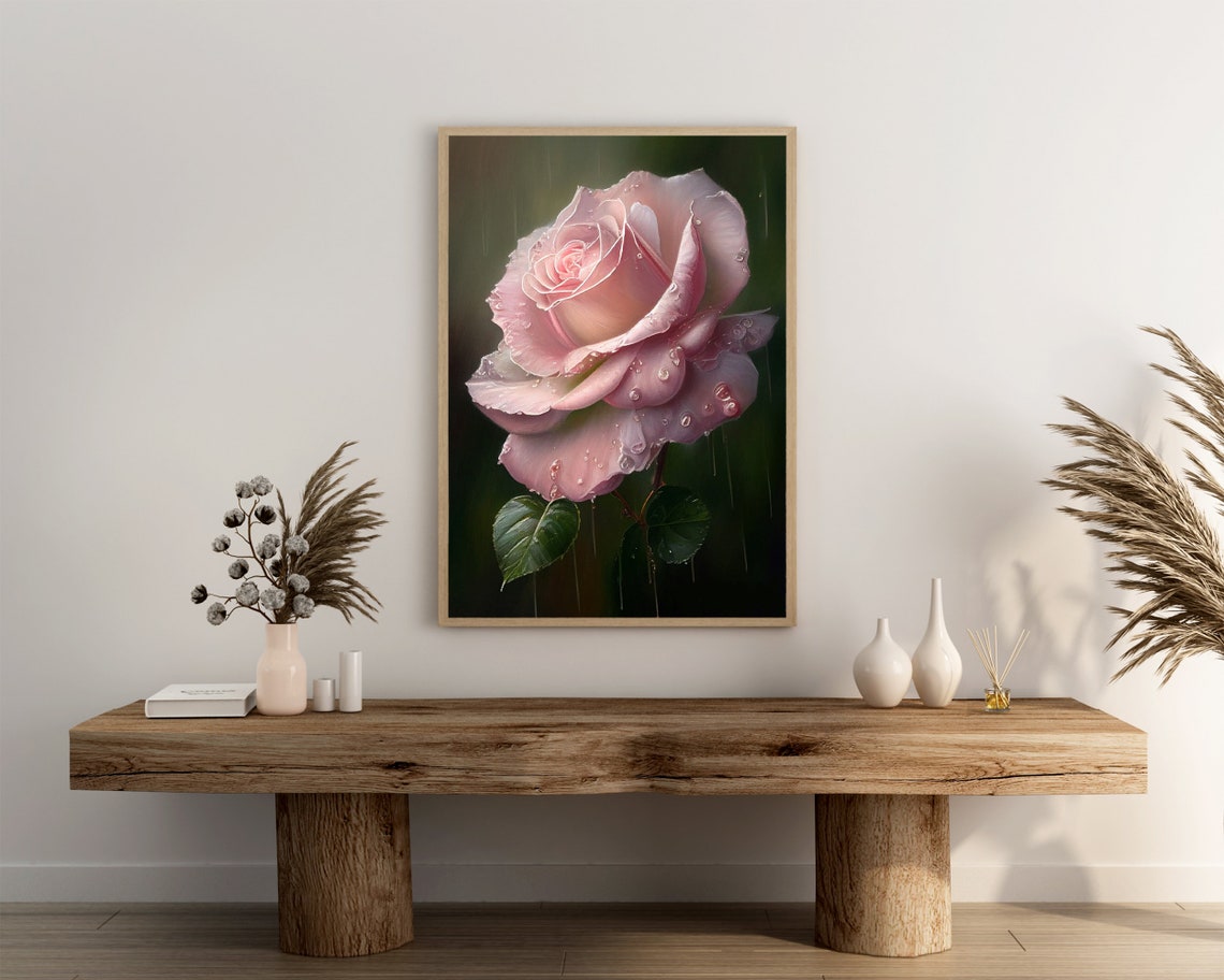 Dewy Pink Rose In Rain Dark Green Background Floral Close Up Poster - Image 3