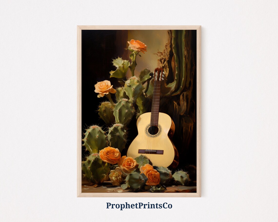 Classical Guitar with Cacti and Orange Roses Moody Still Life Painting Poster