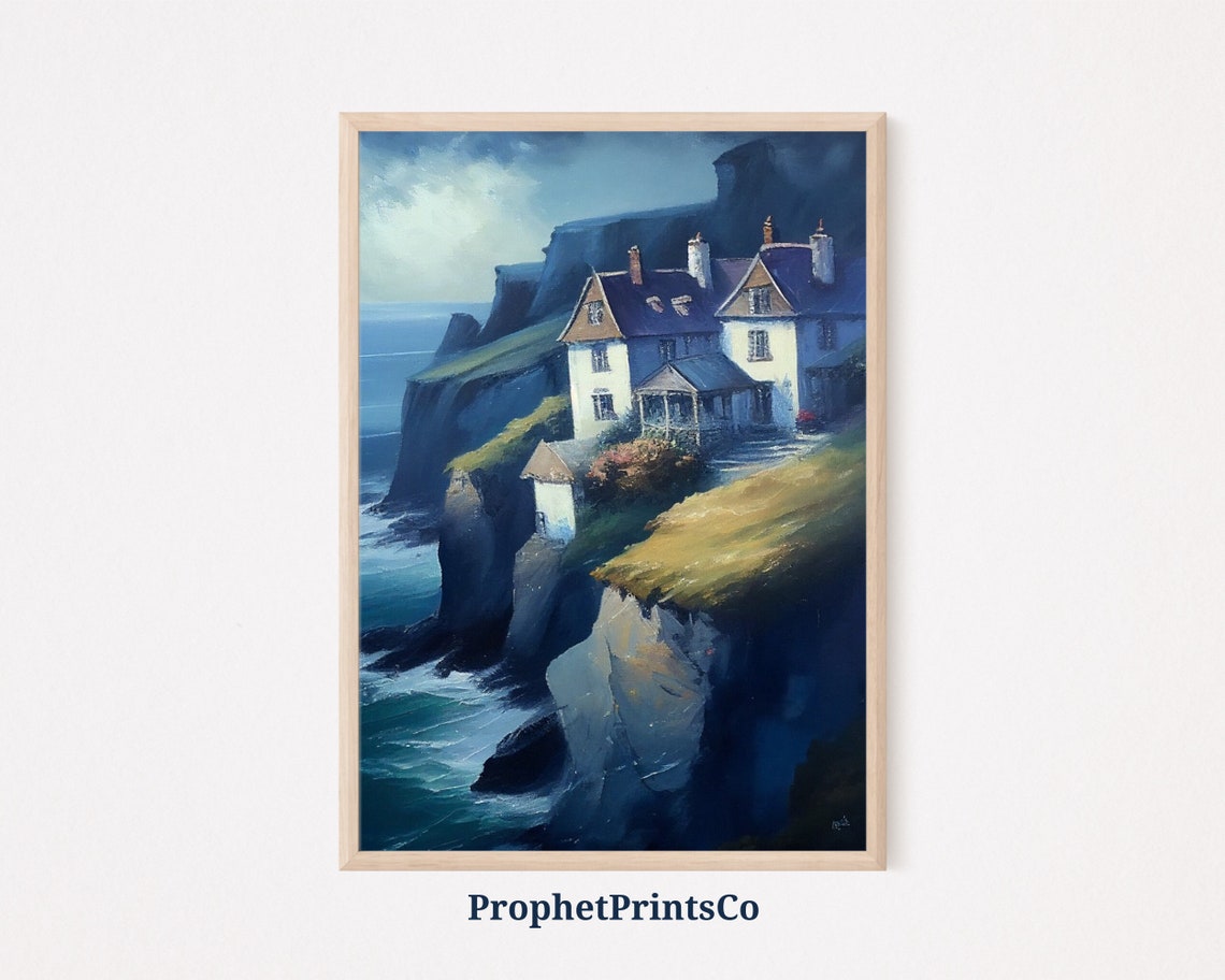White Cottages on Dramatic Sea Cliffs Above the Ocean Poster