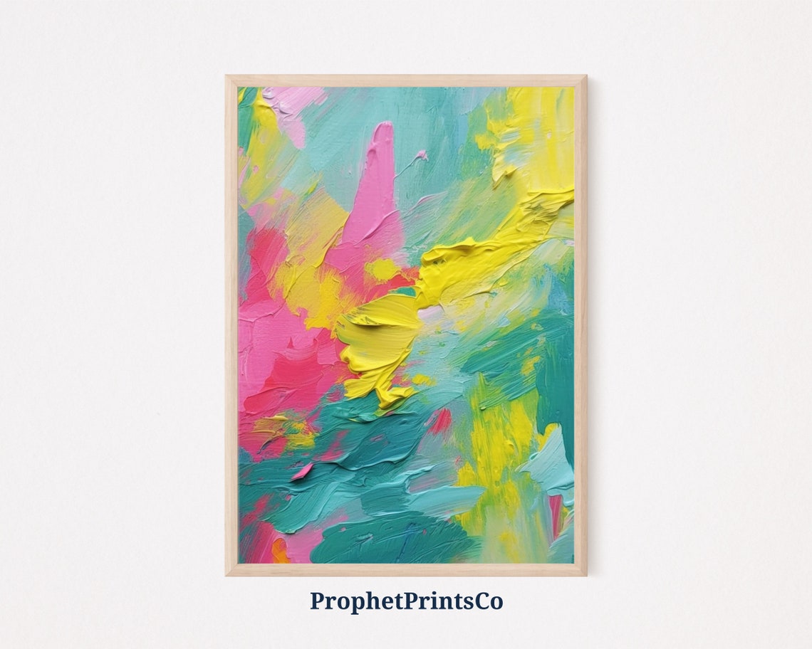 Vibrant Abstract Impasto Teal Pink Yellow Textured Oil Painting Poster
