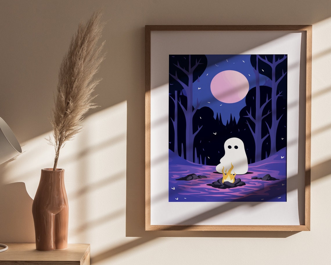 Cute Ghost By Campfire In Purple Forest Pink Moon Art Poster - Image 4