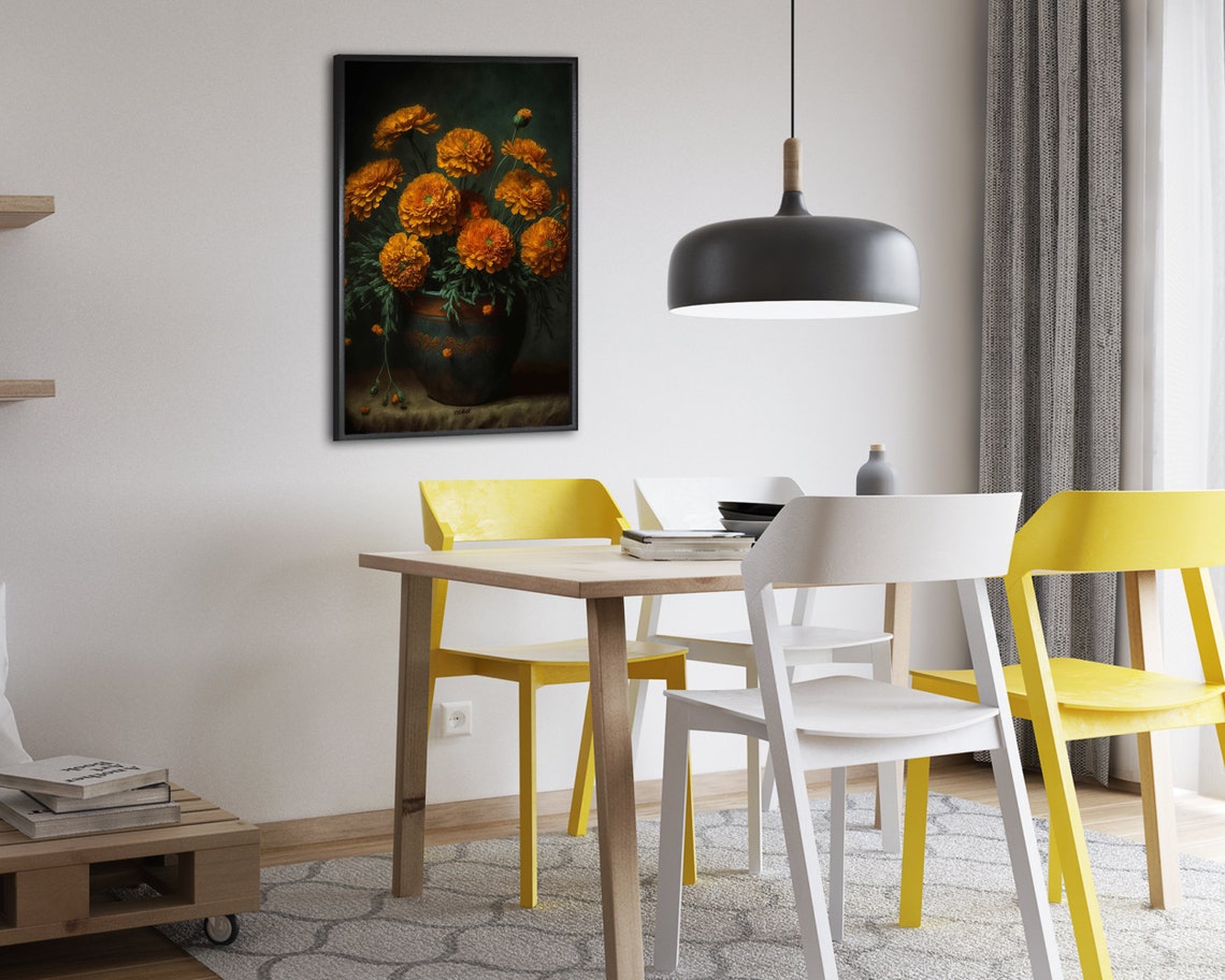 Marigold Flower Bouquet in Rustic Vase Moody Still Life Poster - Image 2