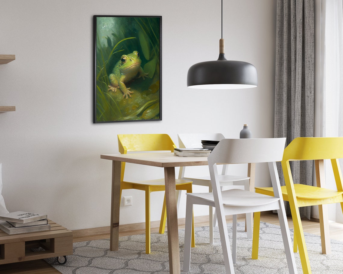 Little Green Frog Peeking Through Pond Reeds Charming Wildlife Poster - Image 2