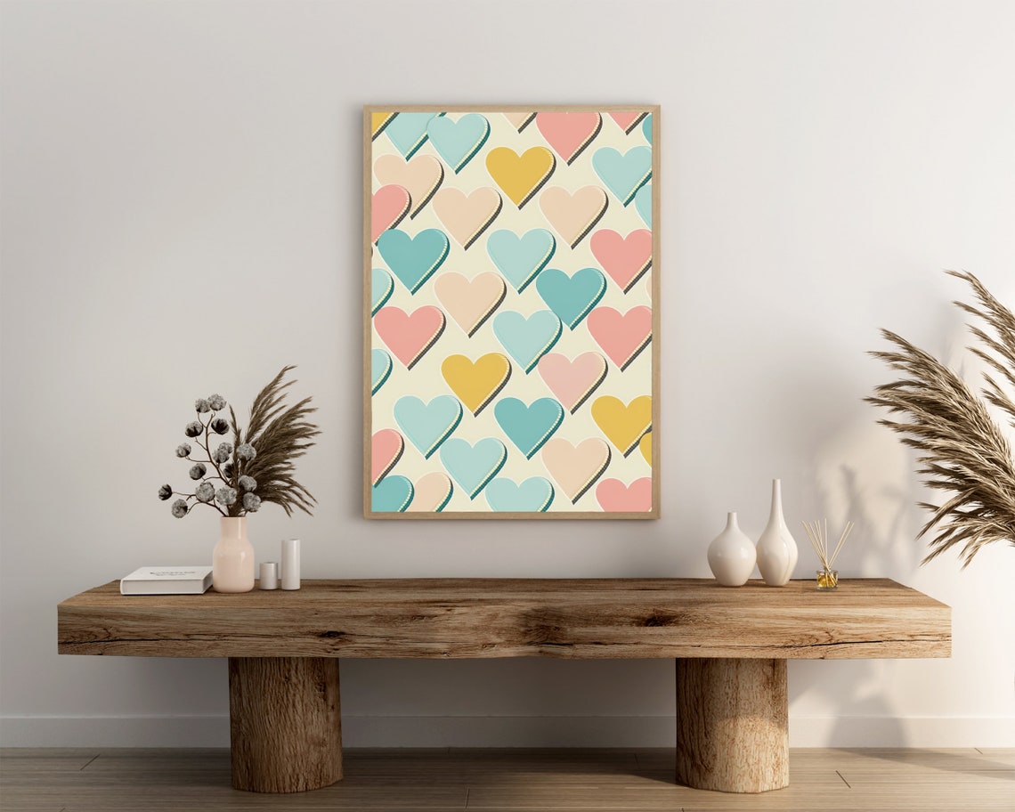 Pastel Hearts Pattern Retro Outlined Teal Pink Mustard Art Poster - Image 3