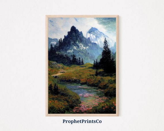 Rustic Mountain Landscape Poster Print Green Vintage Wall Art Inspired By Monet Art Home Dcor Wall Art