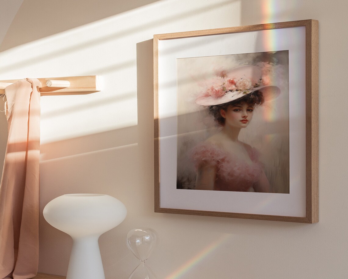 Lady in Pink Floral Hat Blush Tulle Pastel Portrait Painting Poster - Image 3