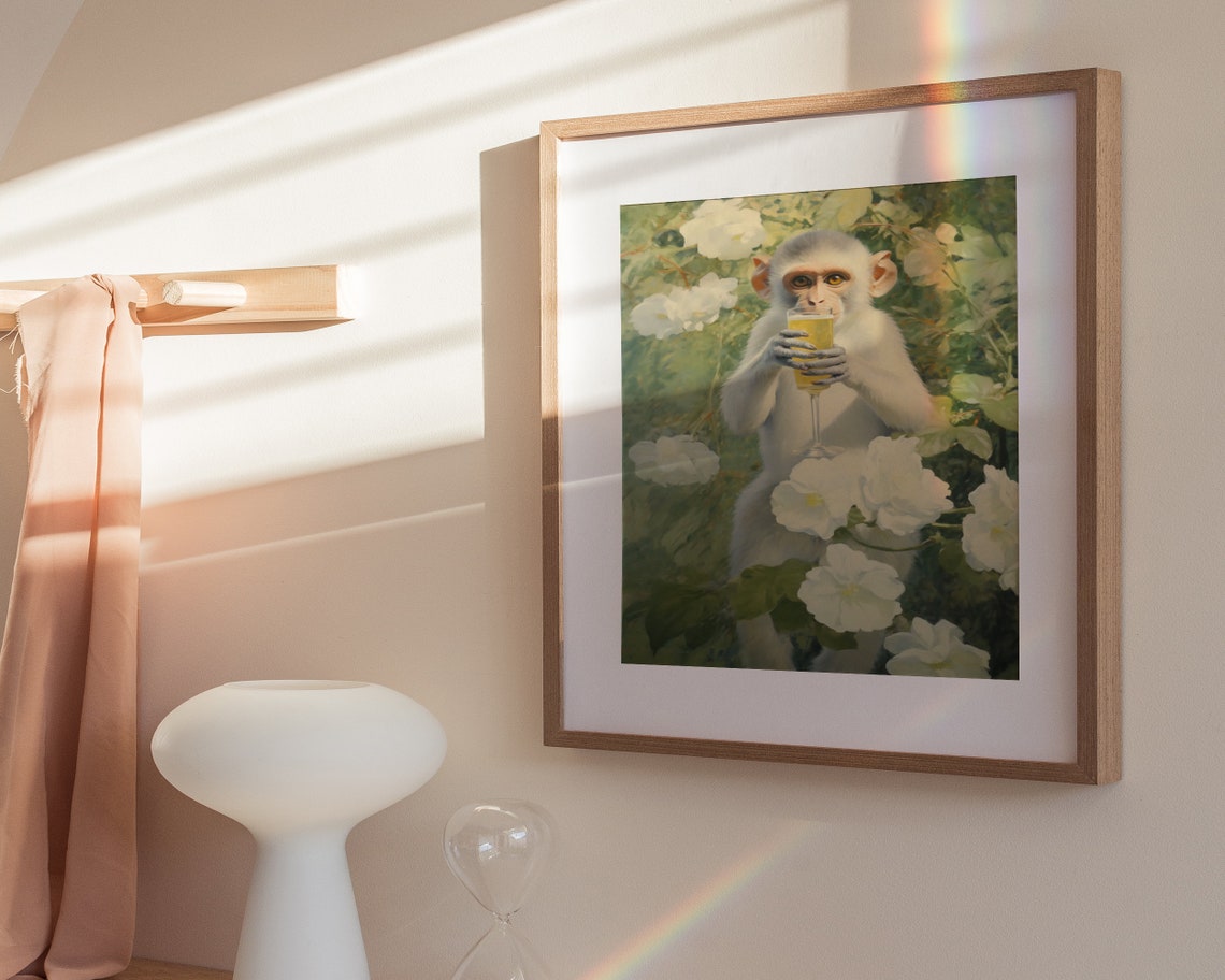 White Monkey Drinking Champagne Funny Jungle Animal Art Poster - Image 3