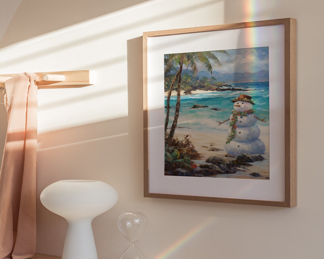 Snowman Wearing Lei on Rocky Shore Tropical Hawaiian Christmas Beach Poster - Image 3