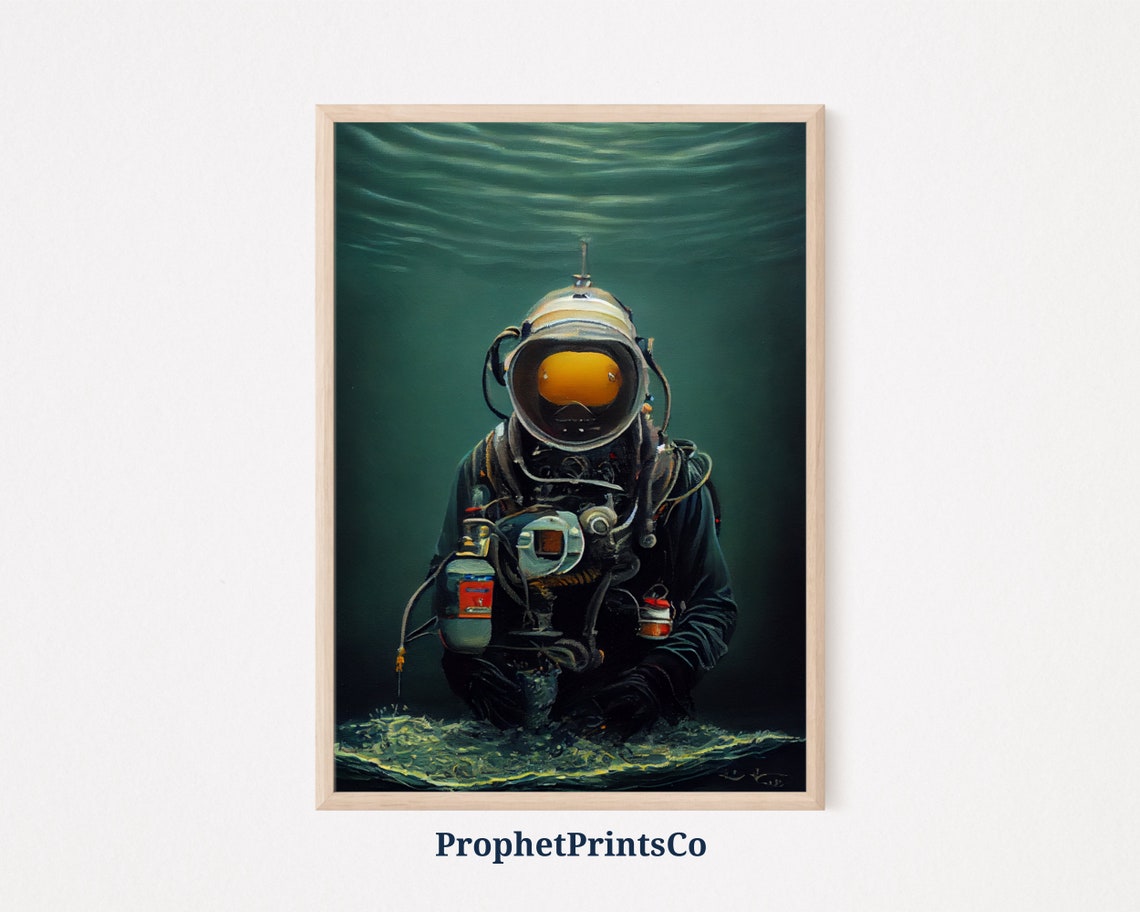 Vintage Deep Sea Diver Helmet Underwater Dark Ocean Oil Art Poster