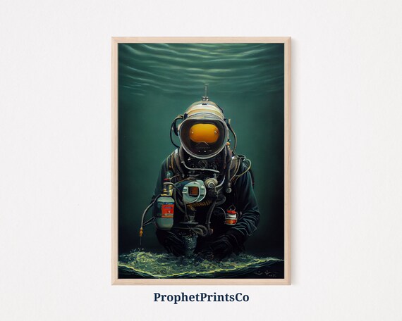 Vintage Deep Sea Diver Helmet Underwater Dark Ocean Oil Art Poster