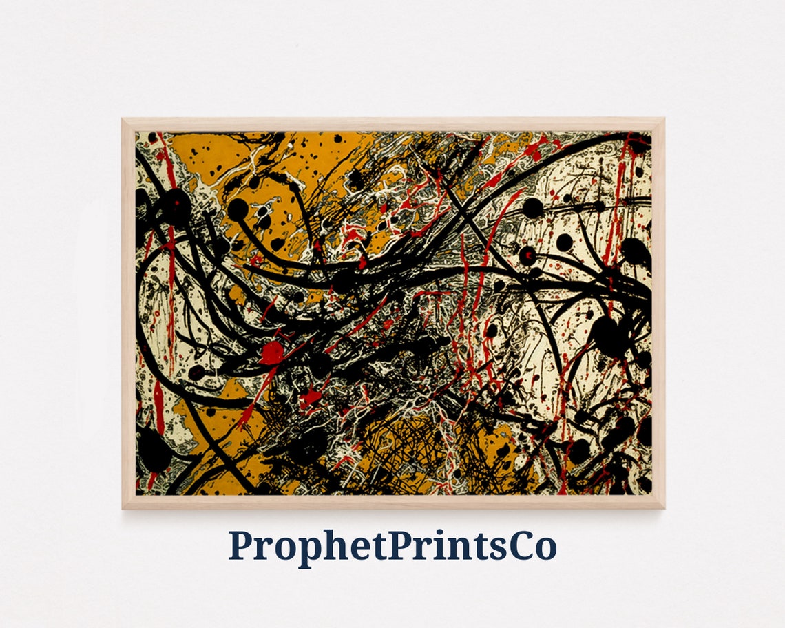 Jackson Pollock Style Abstract Drip Painting Black Red Modern Poster