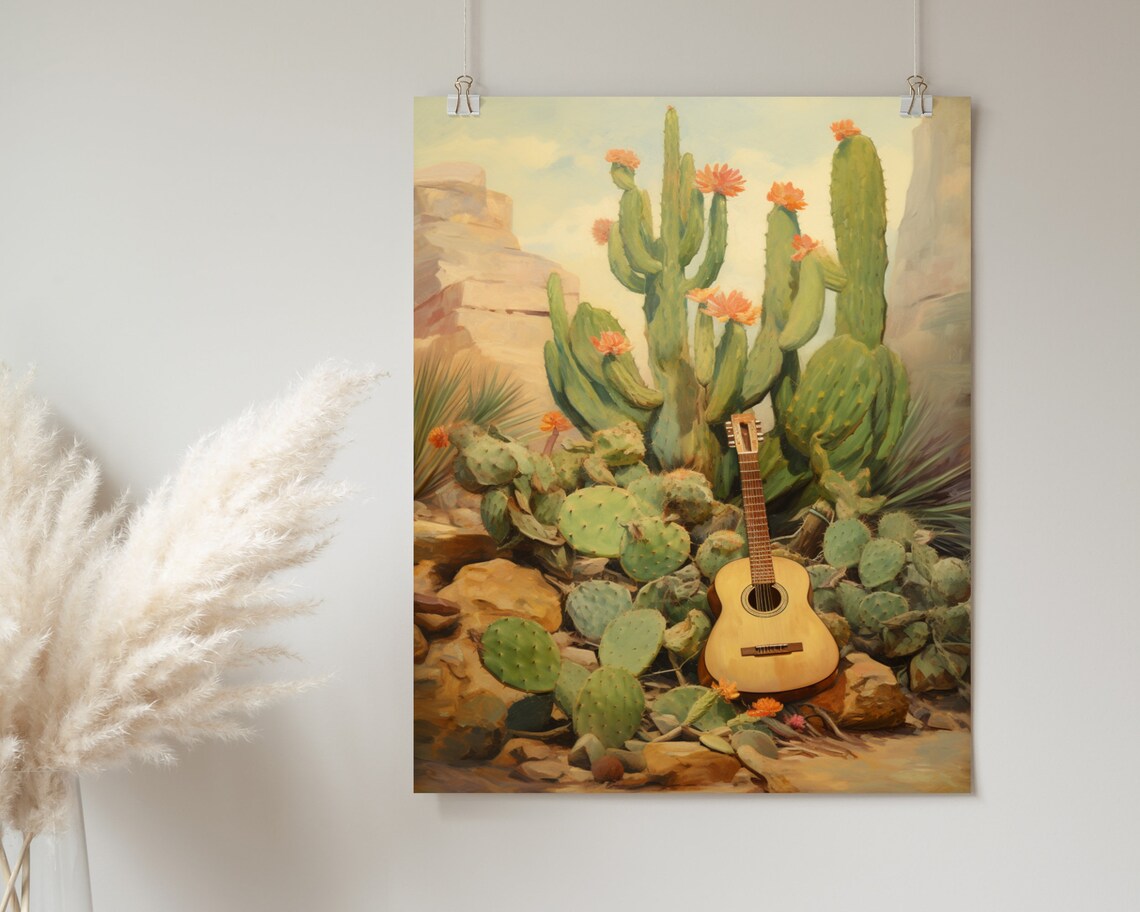 Acoustic Guitar Among Blooming Cacti Mexican Desert Vintage Painting Poster - Image 2
