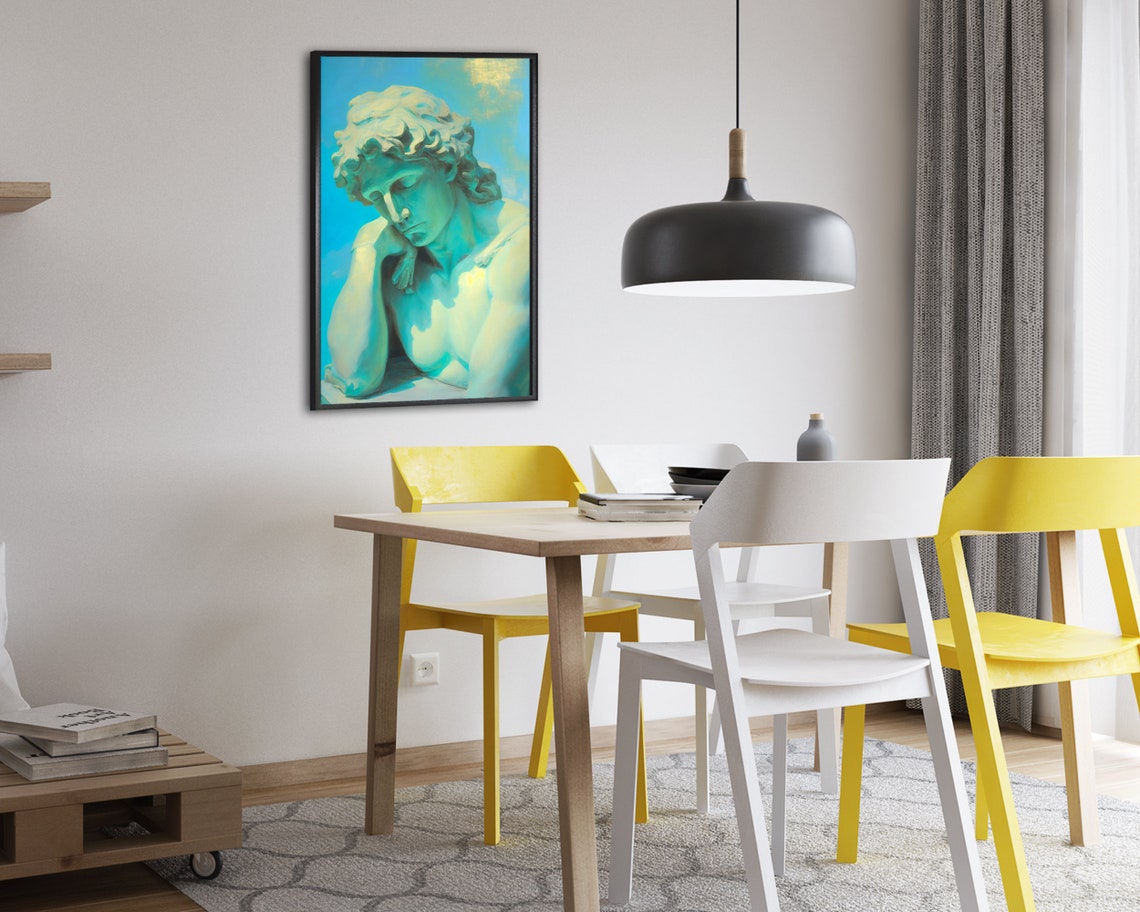 Greek Statue Head Against a Turquoise Sky Oil Painting Poster - Image 2
