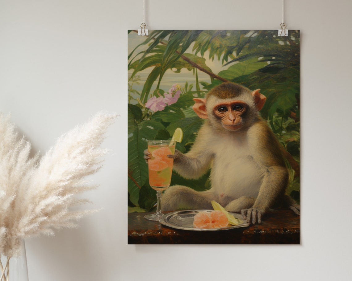 Monkey With Orange Cocktail Tropical Bar Funny Animal Poster - Image 2