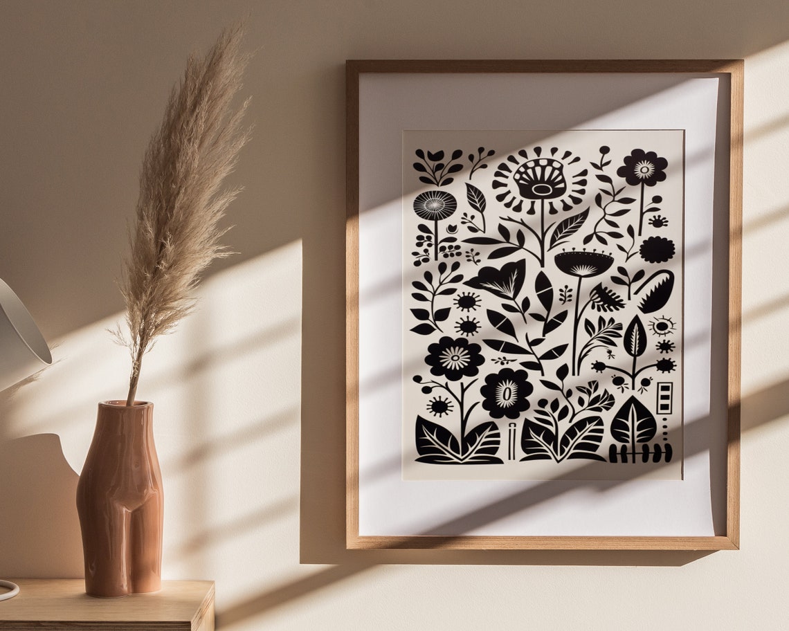 Black and White Dense Wildflower Folk Art Pattern Wall Poster - Image 4