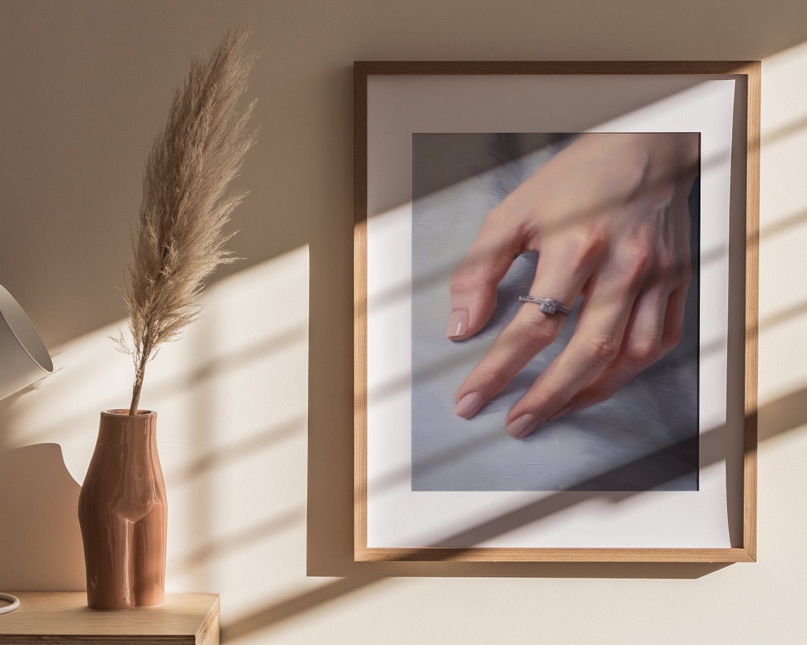 Woman Hand Diamond Ring Soft Blue Elegant Wedding Painting Poster - Image 4