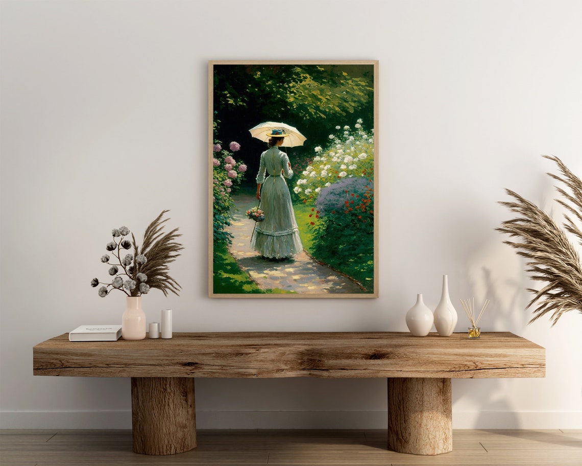 Lady in White With Parasol and Flower Basket in a Garden Poster - Image 3