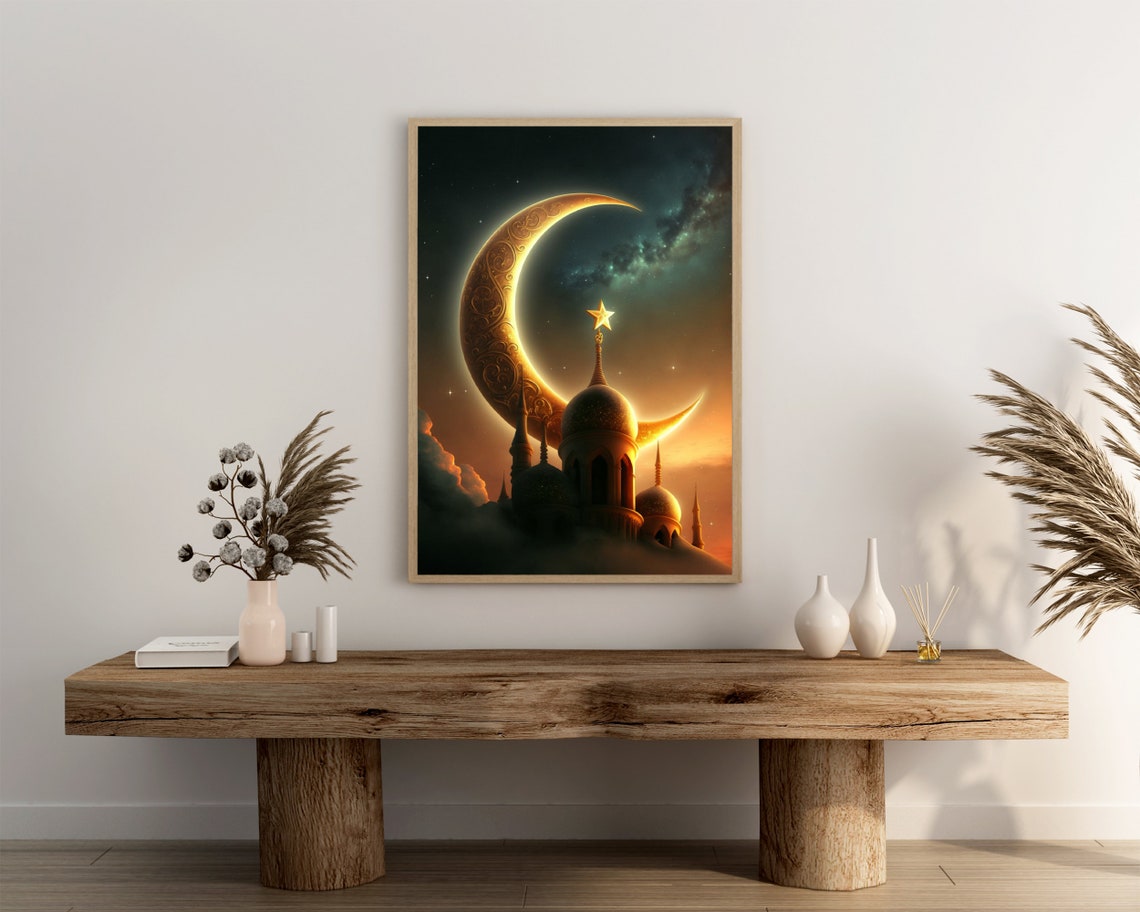 Glowing Golden Crescent Moon Over Mosque Domes Sunset Sky Art Poster - Image 3