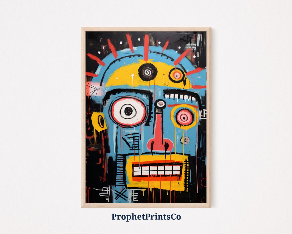 Basquiat Inspired Blue Face Abstract Graffiti Grinning Art Poster