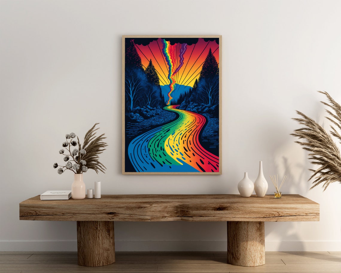 Psychedelic Rainbow Waterfall Winding River Pine Forest Poster - Image 3