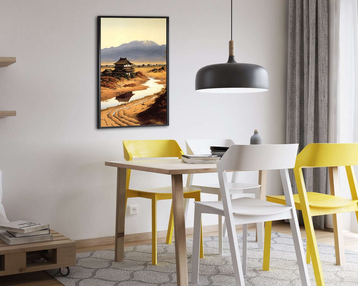Serene Japanese Temple by River With Snow Mountain Behind Poster - Image 2