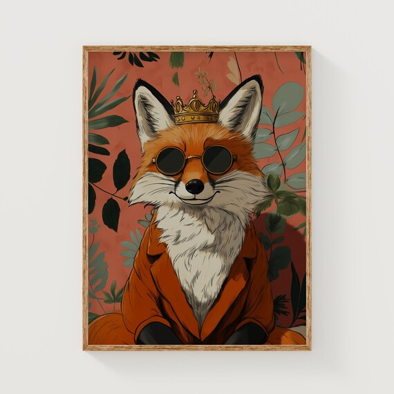 Royal Fox Art Print, Quirky Humorous Maximalist