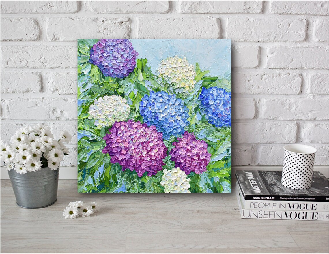 Hydrangea Art Print Blue Purple White Blooms Impasto Floral Poster - Image 3
