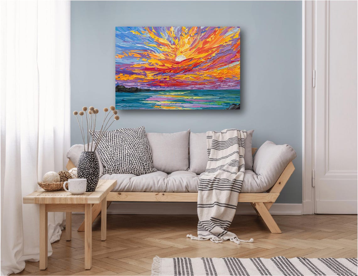 Colorful Sunset Over Teal Ocean Rocks Dramatic Sky Seascape Art Print - Image 3