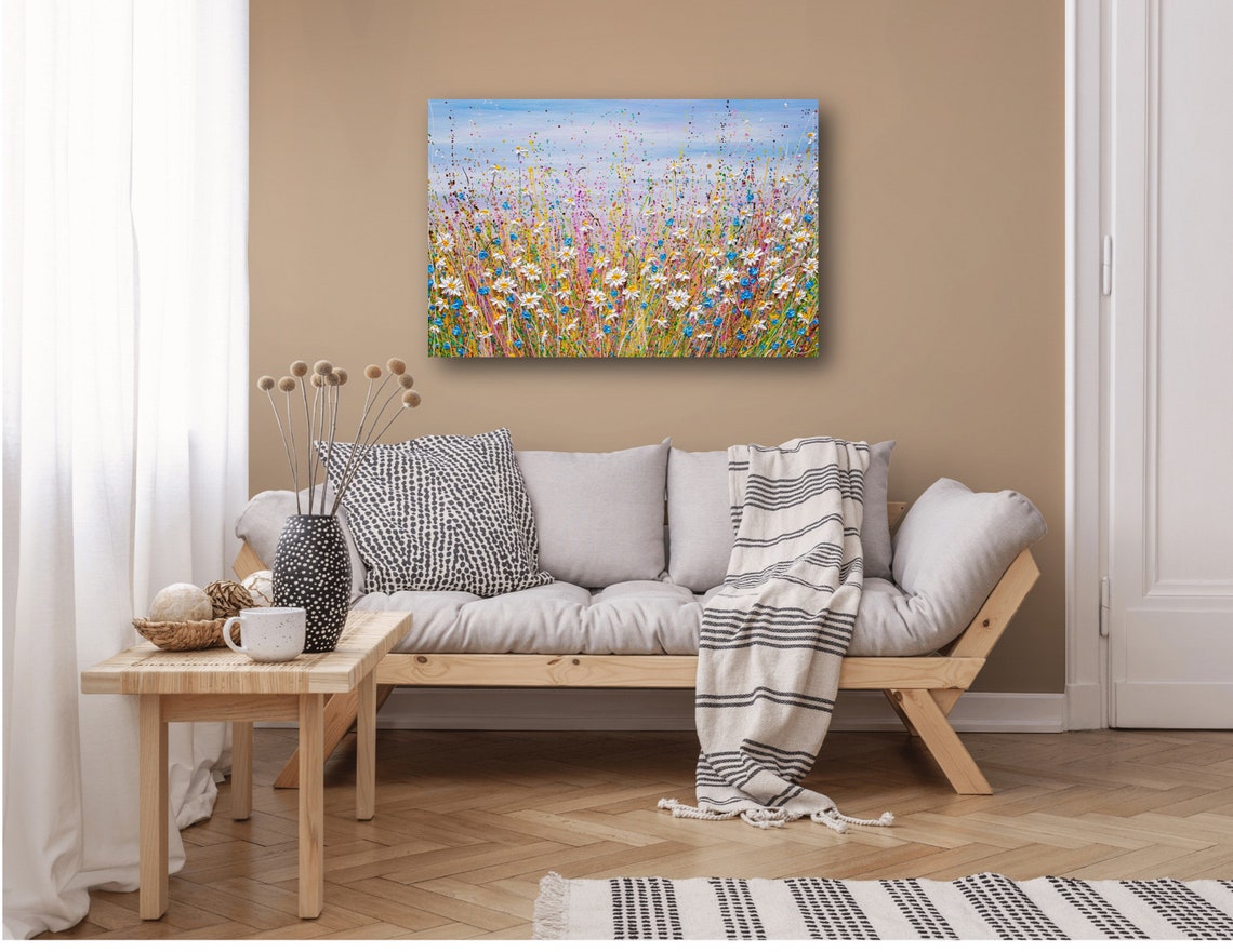White Daisy Blue Wildflower Meadow Colorful Spring Impasto Art Print - Image 2