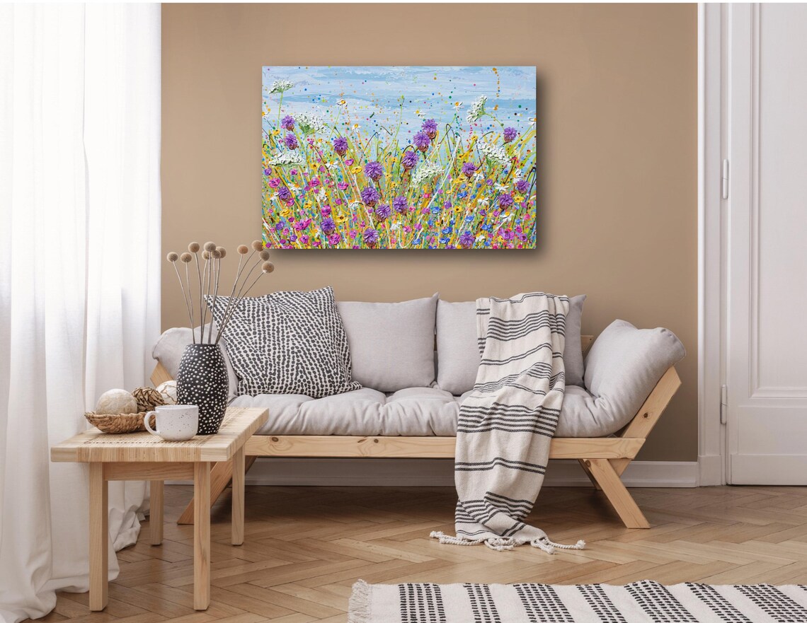Purple Wildflowers Field Painting Blue Sky Lavender Blooms Wall Poster