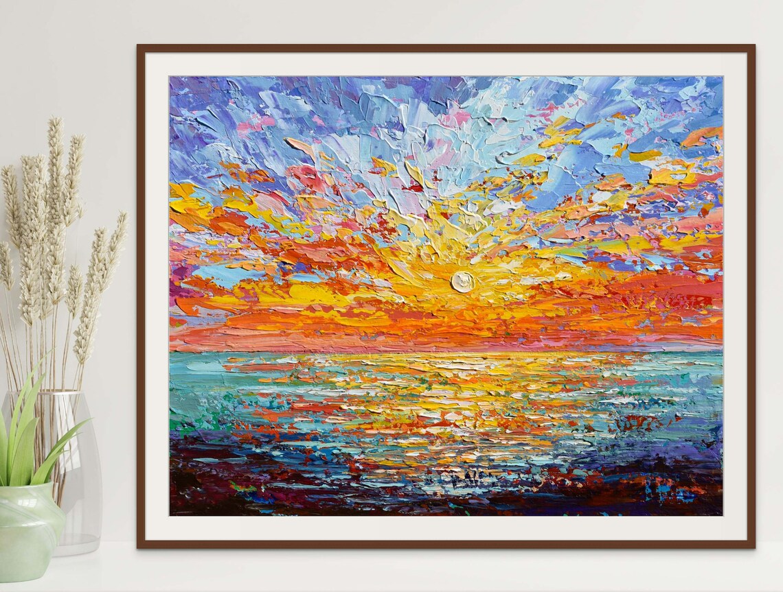 Sunset Ocean Red Sky Bright Seascape Impasto Painting Wall Art Poster - Image 2