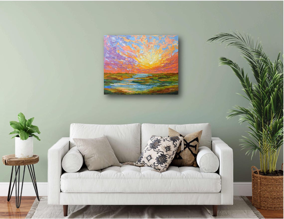 Sunset Art Print Impressionist Wall Dcor Colorful Sky Landscape Painting Stretched Giclee - Image 2