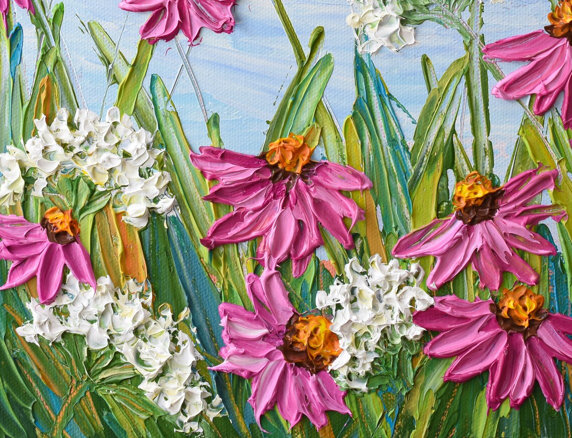 Pink Echinacea Wildflower Field Blue Sky Palette Knife Flower Poster - Image 2