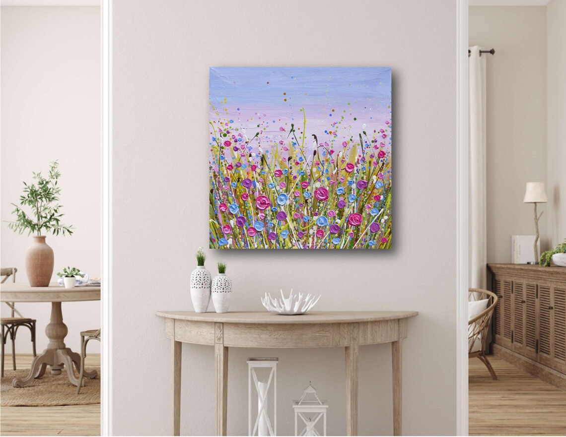 Lavender Sky Wildflower Field Painting Pink Purple Blooms Wall Poster - Image 2
