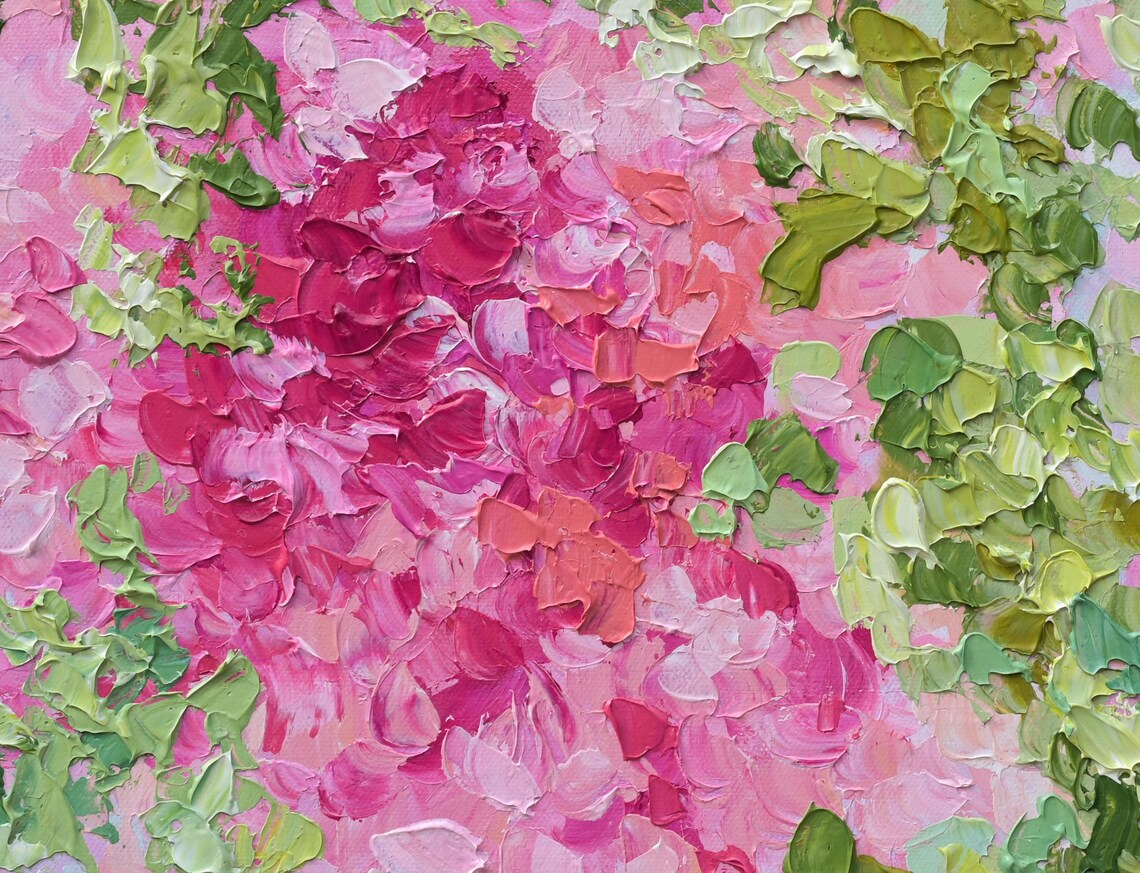 Cherry Blossom Spring Painting Textured Pink Green Floral Wall Art - Image 3